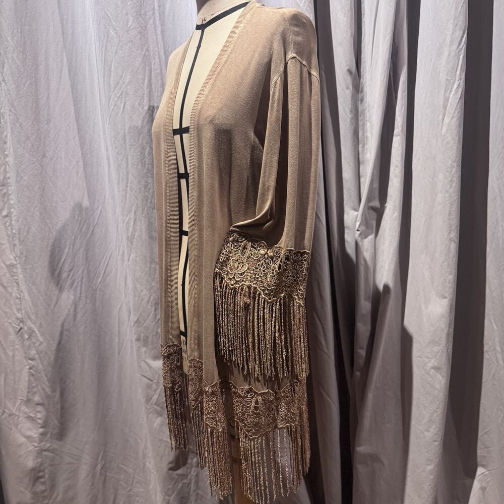 Ann Ferriday Rare Festival Boho Rayon Fringe Kimono Duster Cardigan M NWT
